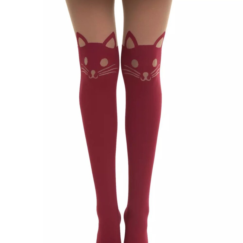 Hot Topic Cat Face Faux Thigh High Tights Lightweight Sheer Burgundy Size S/M
